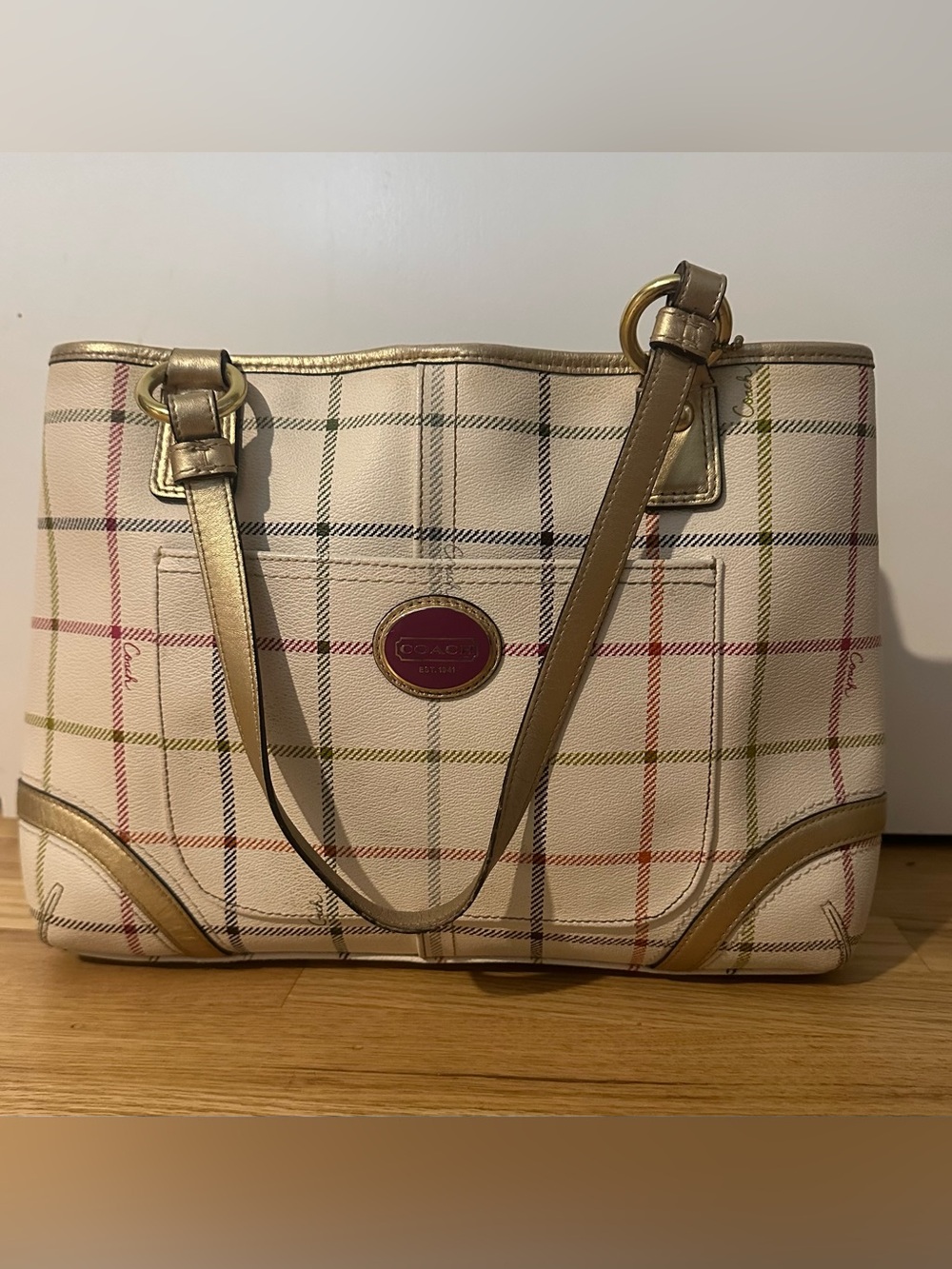 Coach Y2K Plaid Tote Bag Gold Pink Multicolor F19176